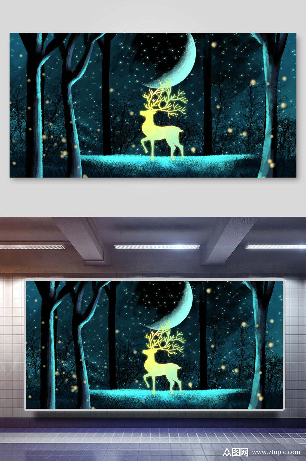 手绘风深绿色月光麋鹿唯美梦幻插画