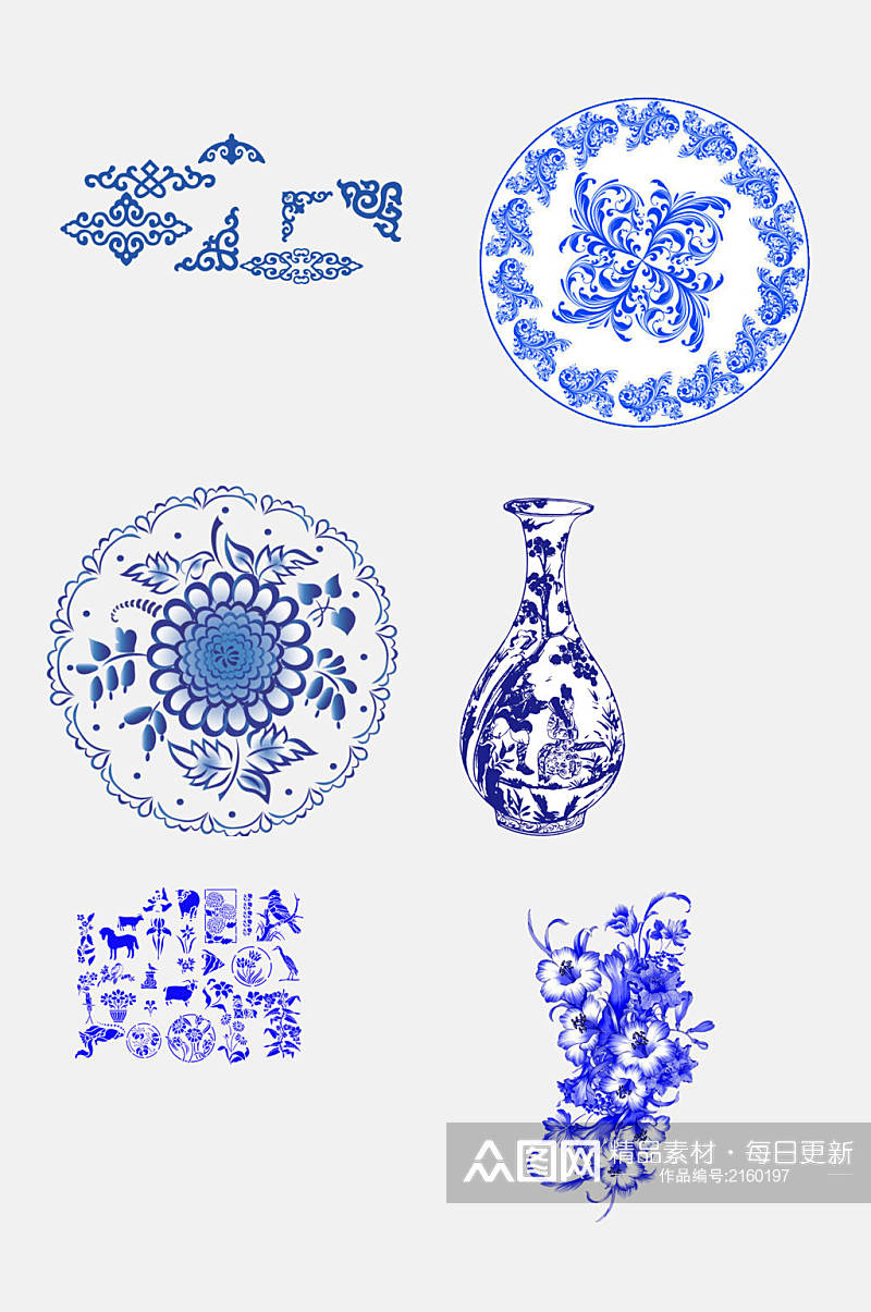 简洁手绘中国风瓶子花卉花纹青花瓷图案素材素材
