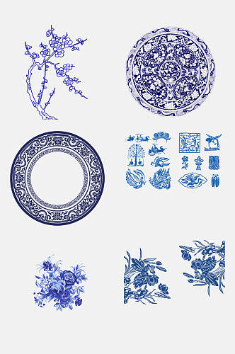 手绘中国风花卉青花瓷图案素材