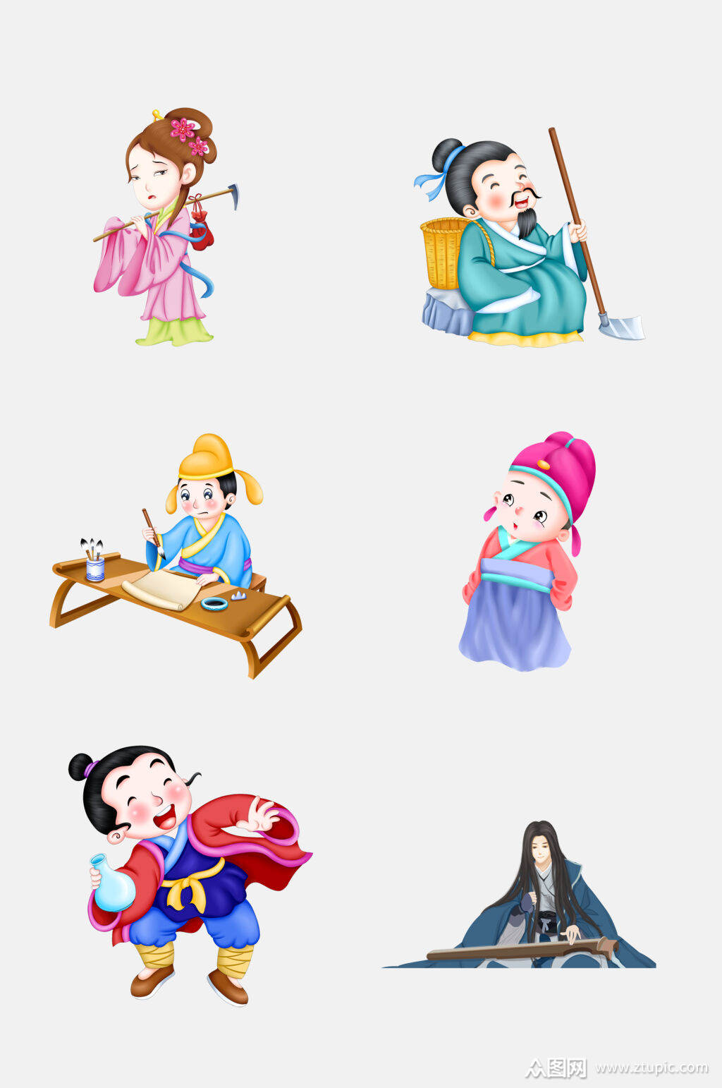 水彩唯美卡通古代人物免抠元素素材