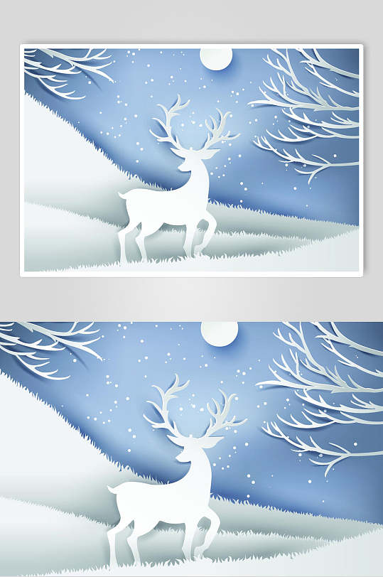 圣诞节白鹿雪景剪纸插画