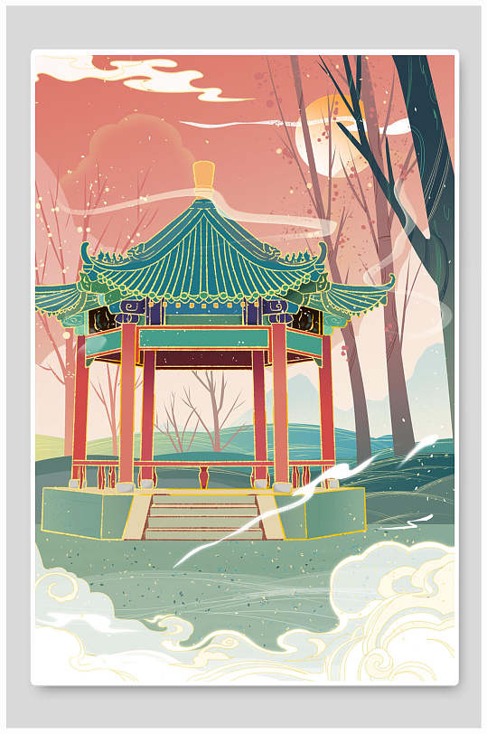 唯美国潮风名胜古迹地标建筑插画素材-众图网