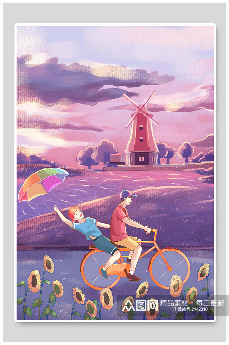 紫色骑行夏日插画素材素材