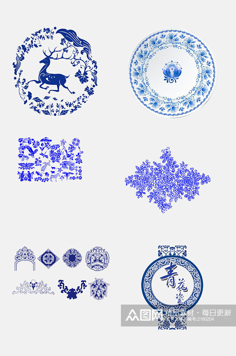 水彩中国风动物绘画青花瓷图案素材素材