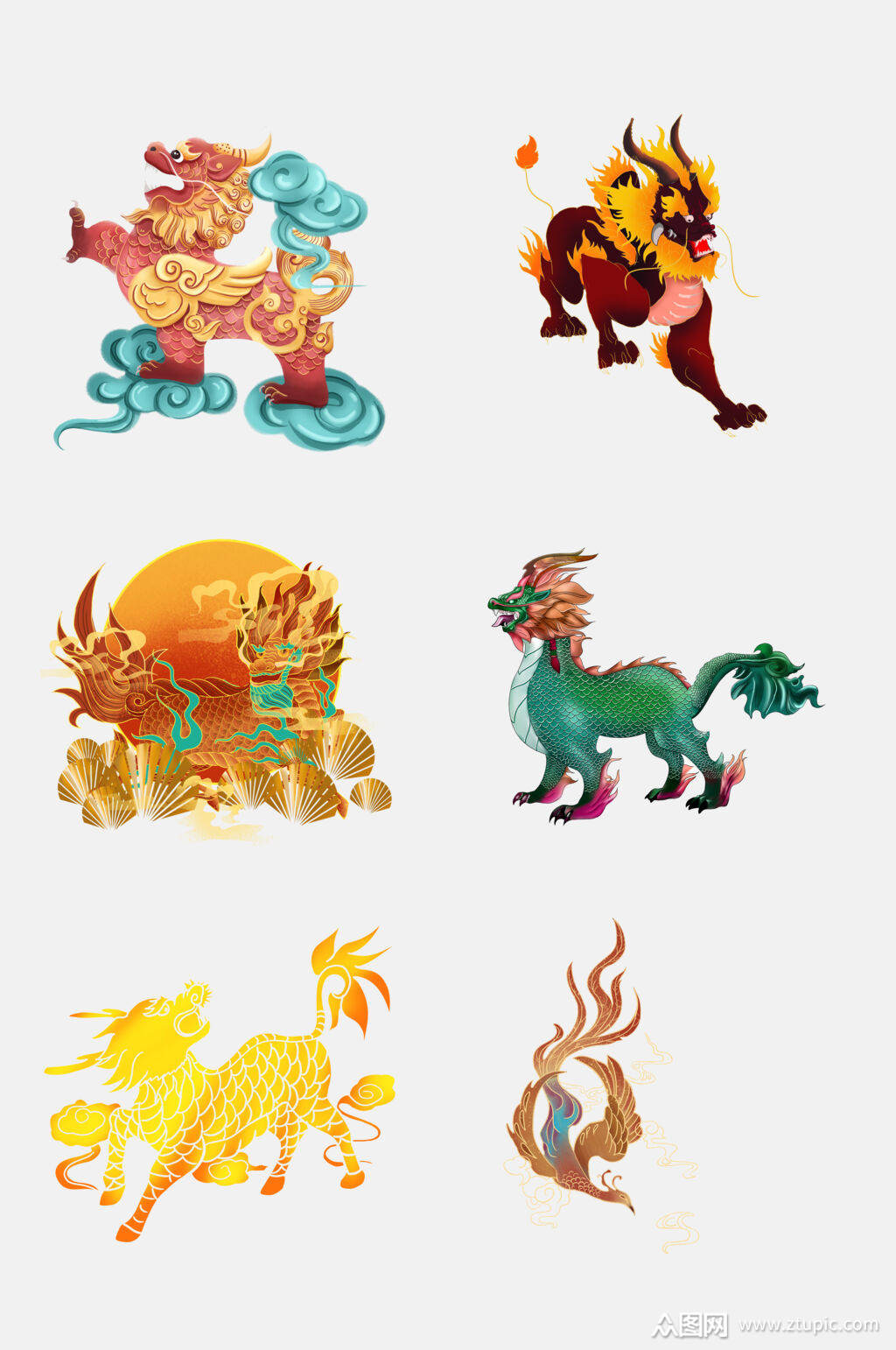 国潮中国传统神兽青龙白虎免抠元素素材