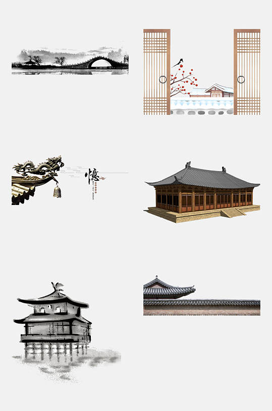 手绘画古代宫廷建筑免抠元素素材