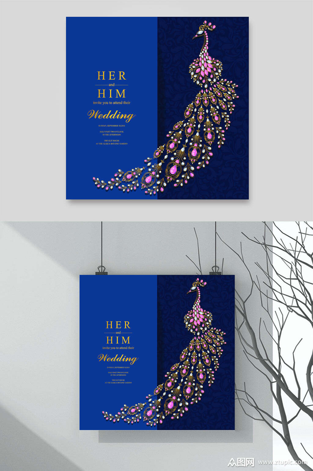 蓝金大气婚礼邀请函矢量设计素材