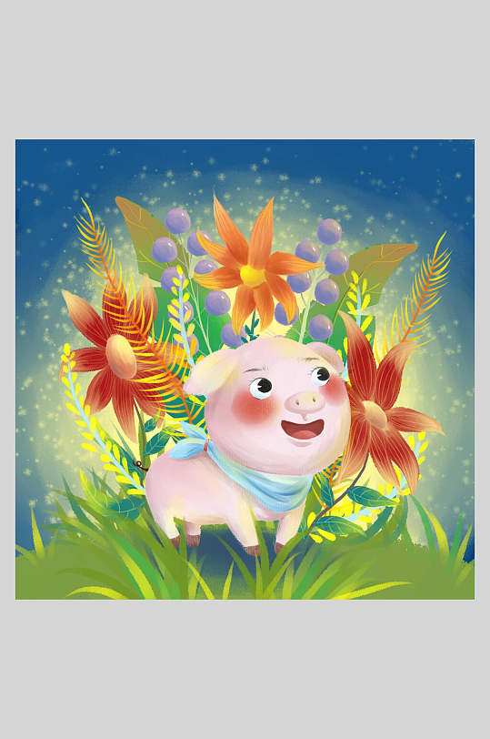 猪可爱手绘蓝唯美清新十二生肖插画