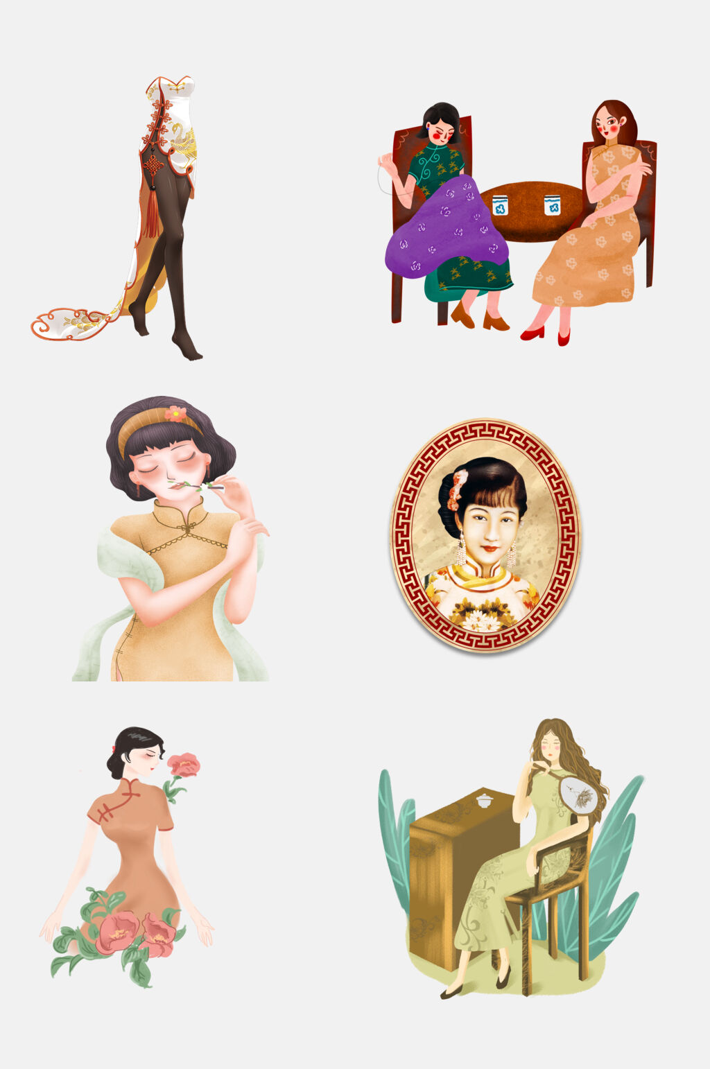水彩典雅中国风旗袍古典美女人物素材素材