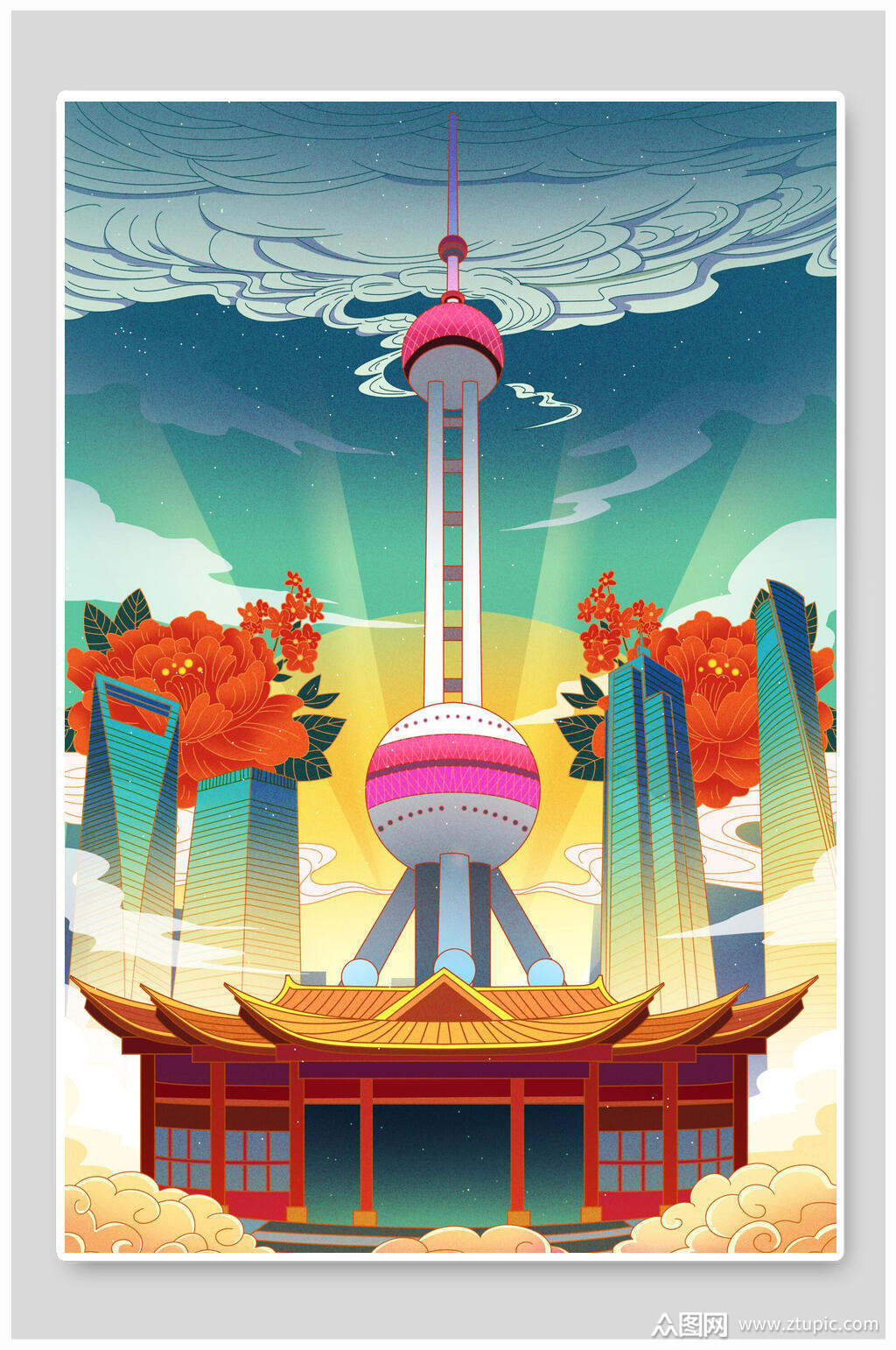 上海滩国潮风名胜古迹地标建筑插画素材素材