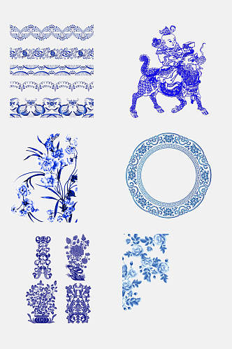 唯美中国风青花瓷神兽花卉图案素材