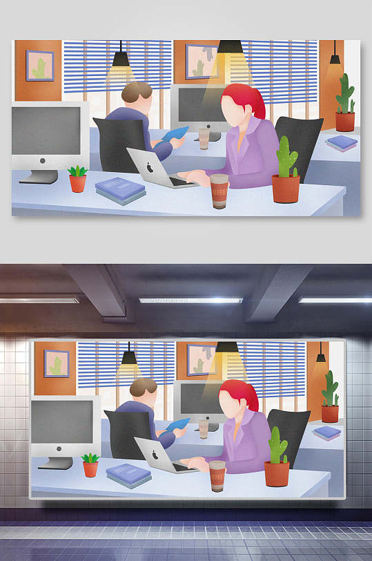 办公室人物电脑桌蓝扁平化办公插画