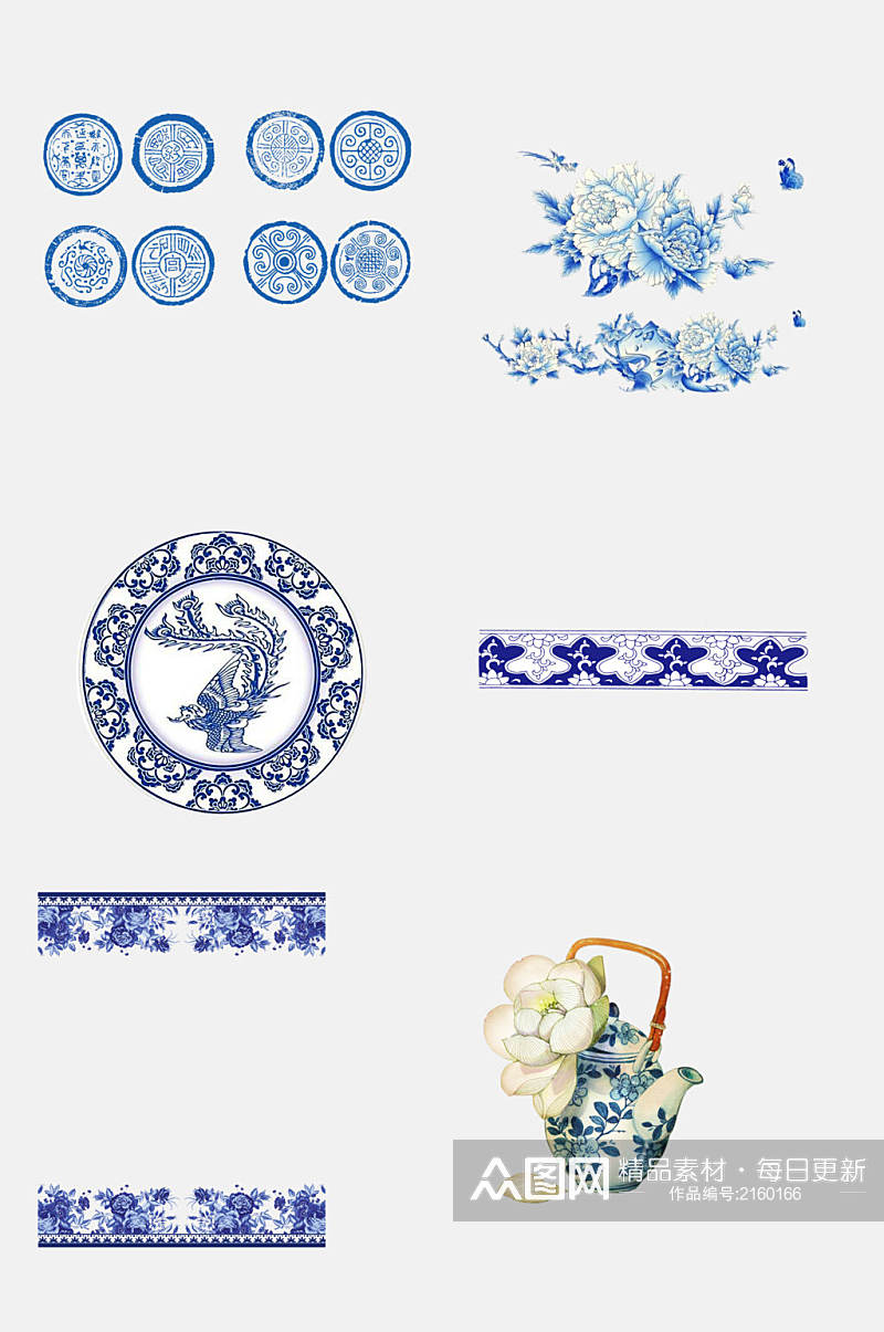 中国风青花瓷茶壶图案素材素材