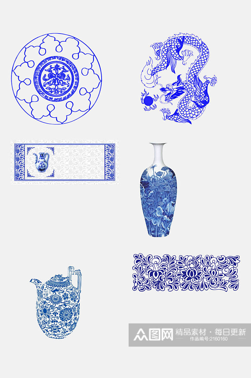 中国风青花瓷卷轴瓶子图案素材素材