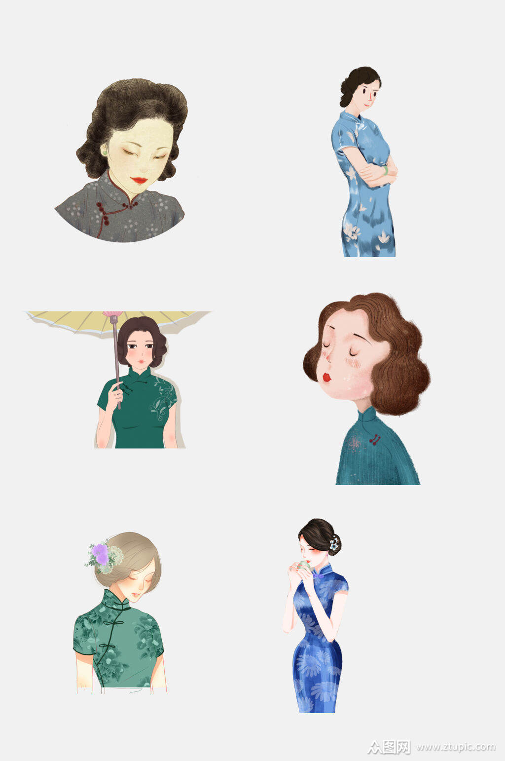 水彩民国风中国风旗袍古典美女素材