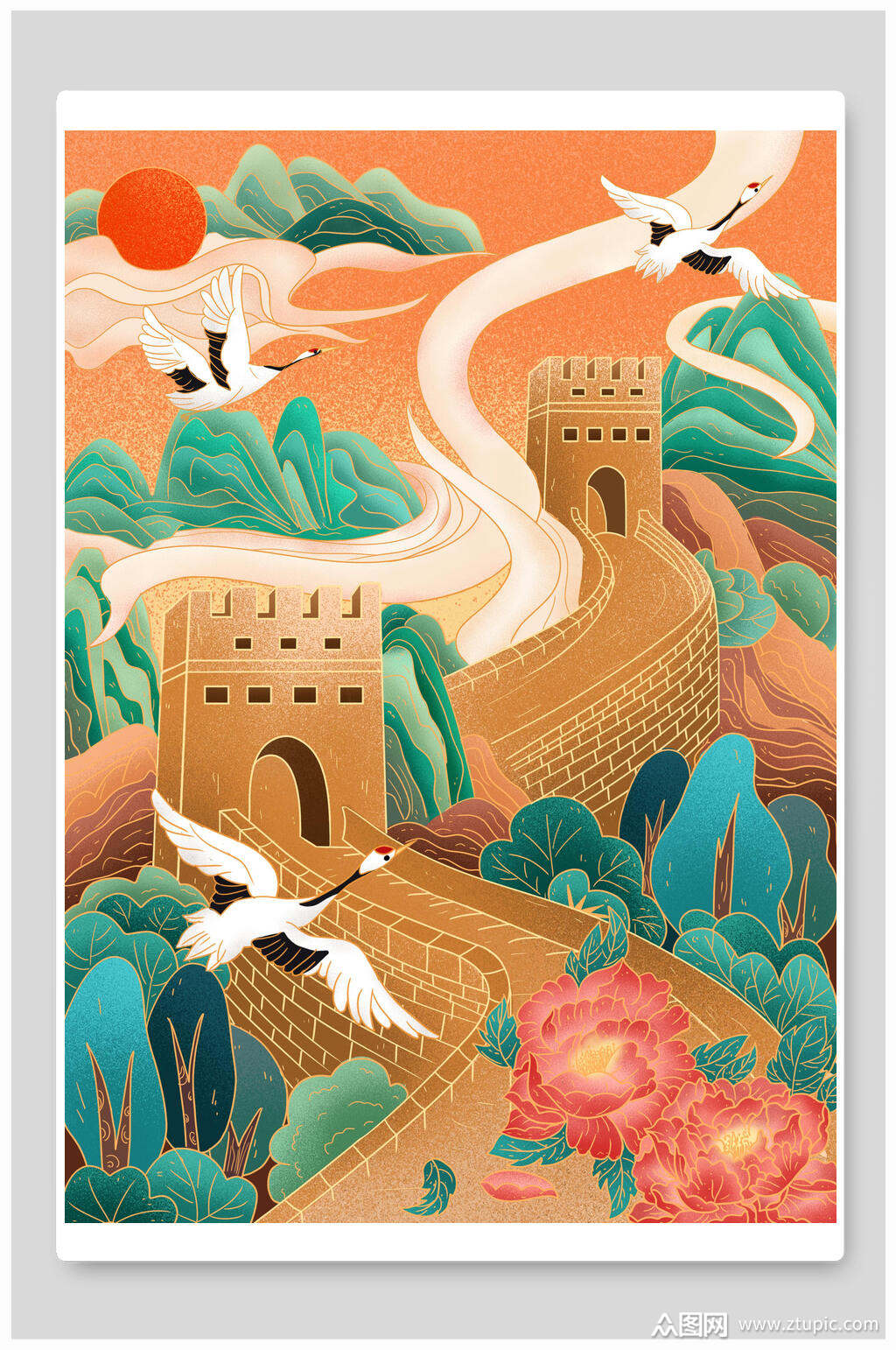 长城国潮风名胜古迹地标建筑插画素材素材
