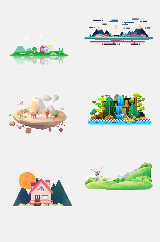 风景扁平化乡村山水免抠元素