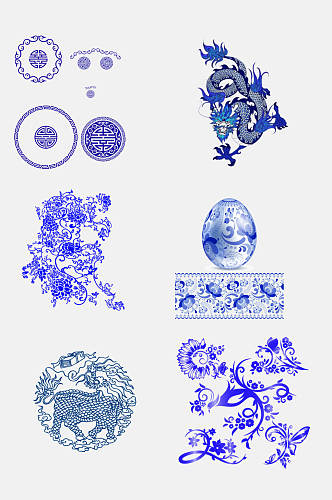 水彩中国风青花瓷花卉动物图案素材