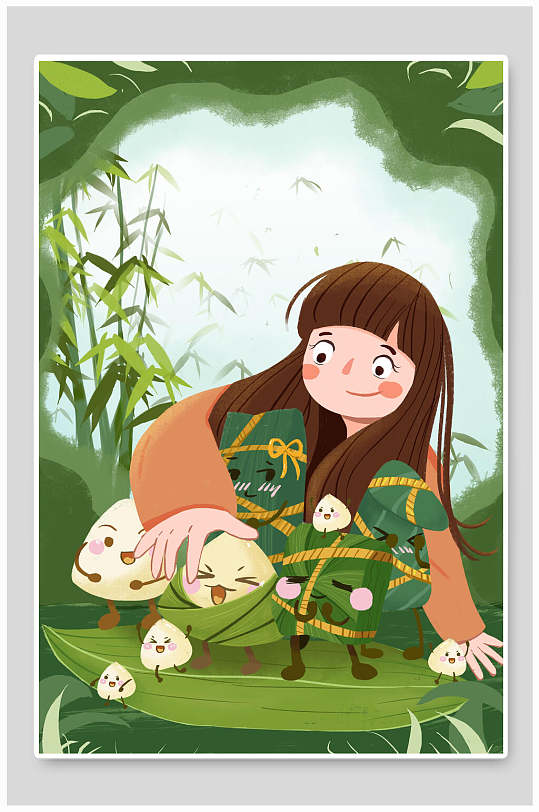 绿色竹子粽子人物手绘风端午节海报