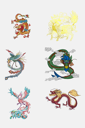 水彩中国传统神兽青龙白虎免抠元素