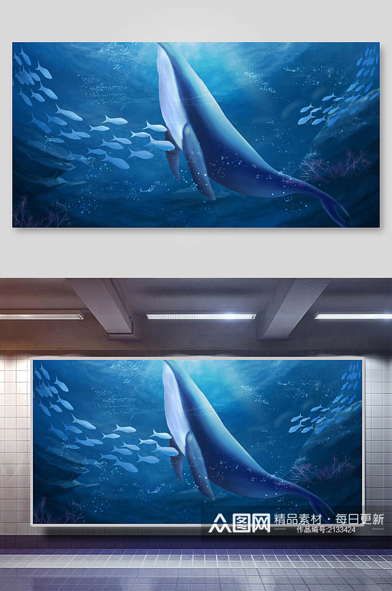蓝色鲸鱼插画素材素材