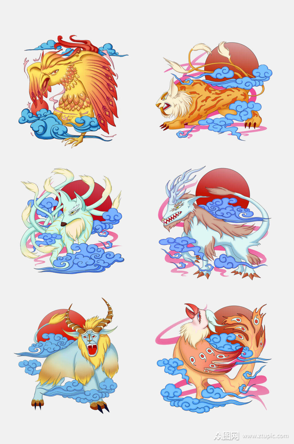 高端国潮中国传统神兽青龙白虎免抠元素