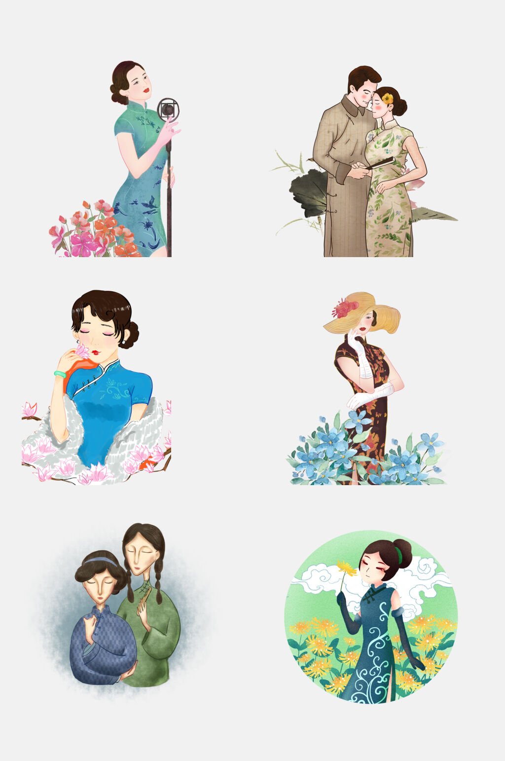 清新唯美中国风旗袍古典美女人物素材素材