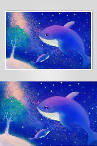 蓝色水彩鲸鱼唯美梦幻插画素材