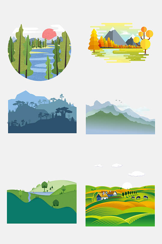 风景扁平化乡村山水免抠元素