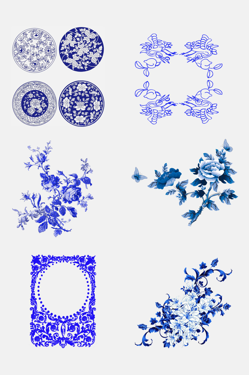 唯美中国风花卉植物青花瓷图案素材素材