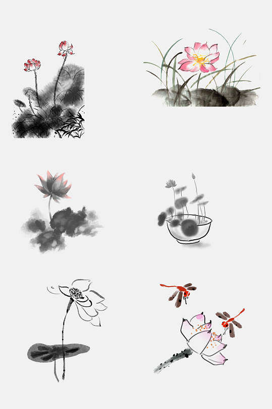 手绘创意中国风水墨蜻蜓荷花免抠元素
