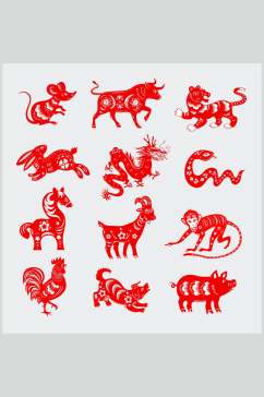 中式红色传统剪纸十二生肖设计素材