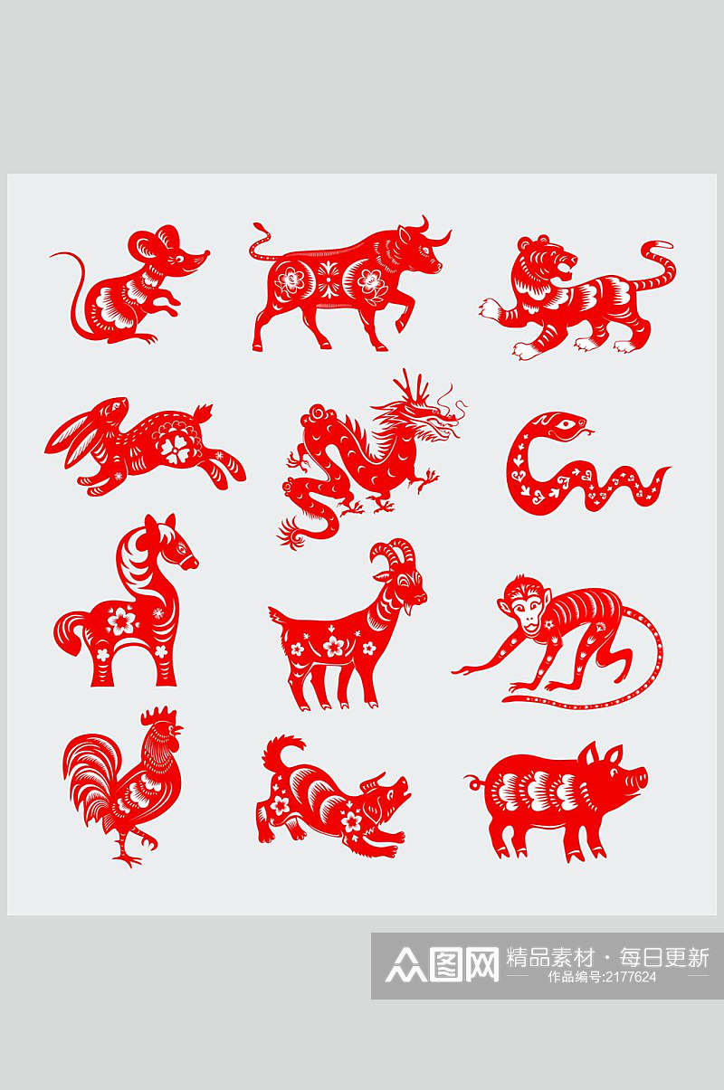 中式红色传统剪纸十二生肖设计素材素材