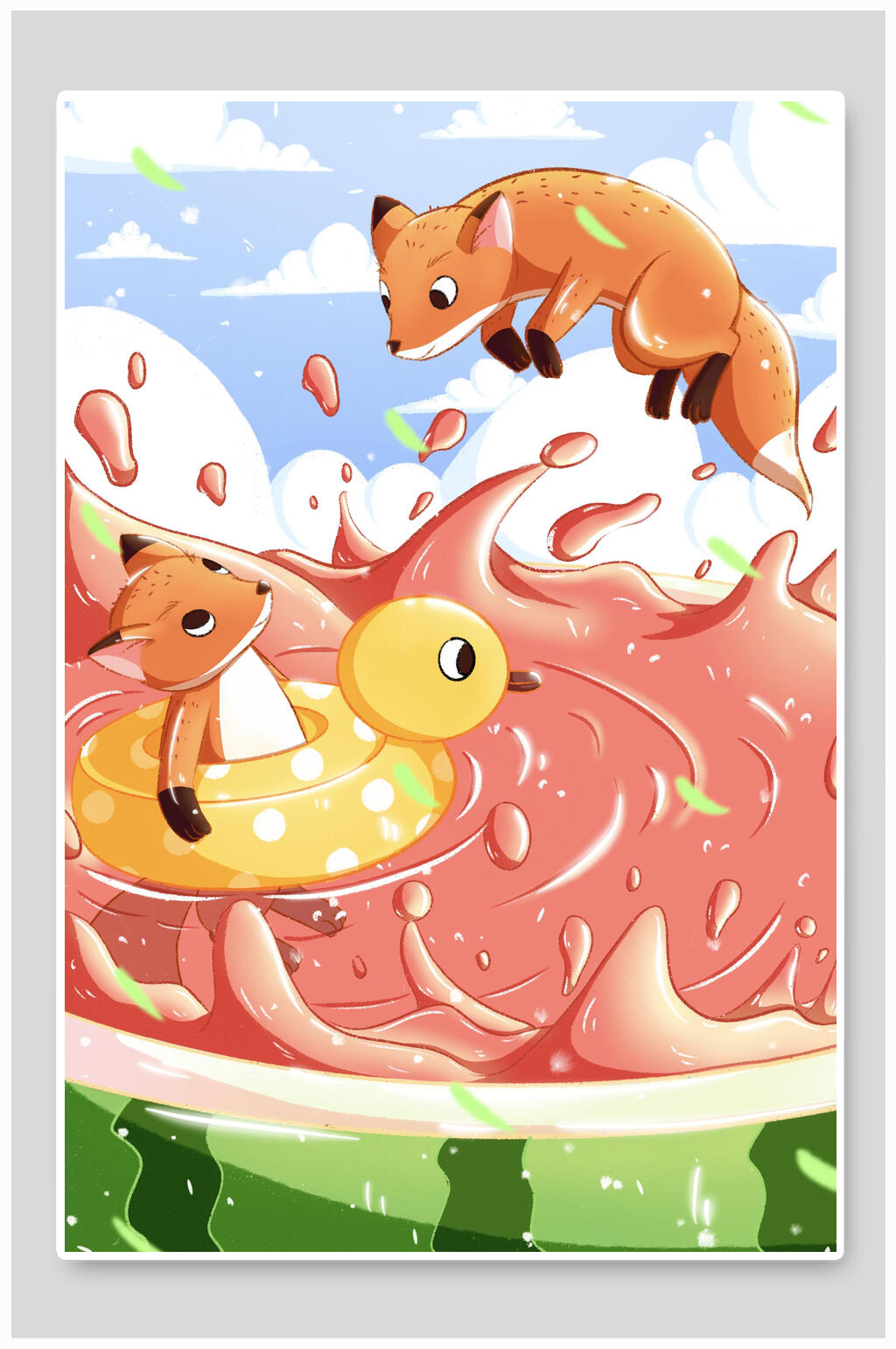 狐狸游泳夏日插画素材素材