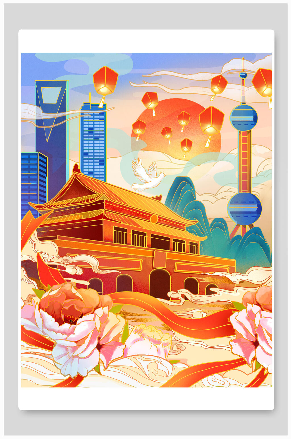 炫彩唯美上海国潮风名胜古迹地标建筑插画素材素材