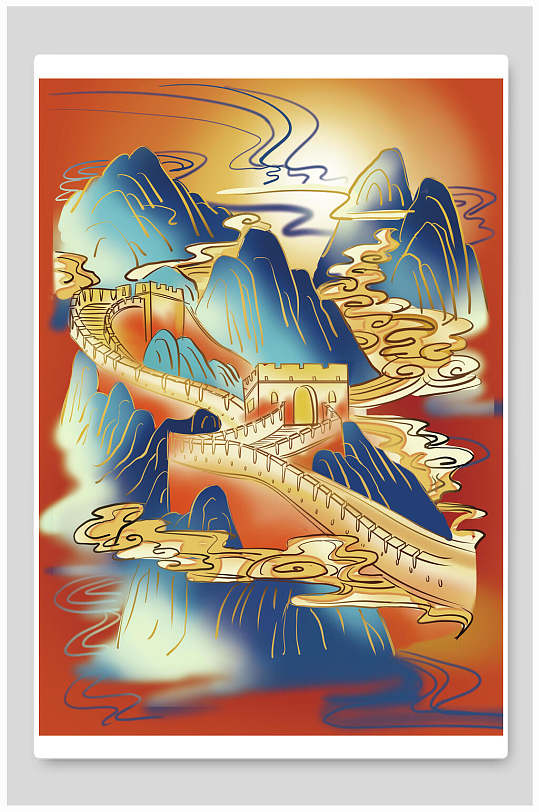 唯美长城国潮风名胜古迹地标建筑插画素材