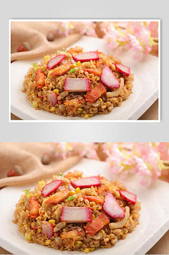 新鲜美味腊肉酱油蛋炒饭食物摄影图片