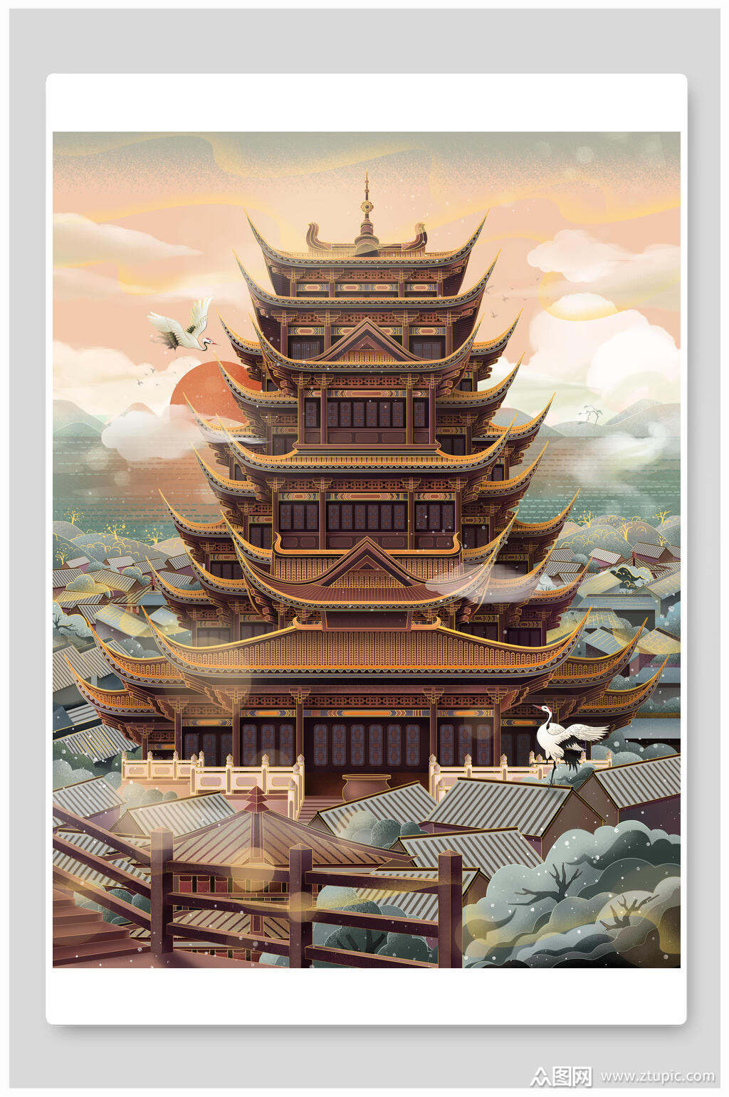 国潮风名胜古迹地标建筑角楼插画素材