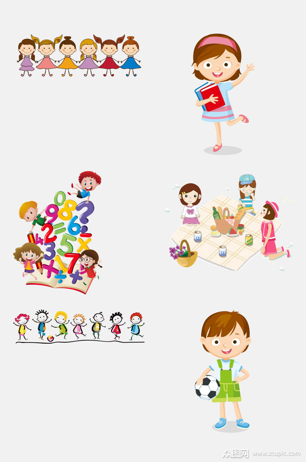 简洁大气卡通开学季儿童小学生校园活动免抠元素素材