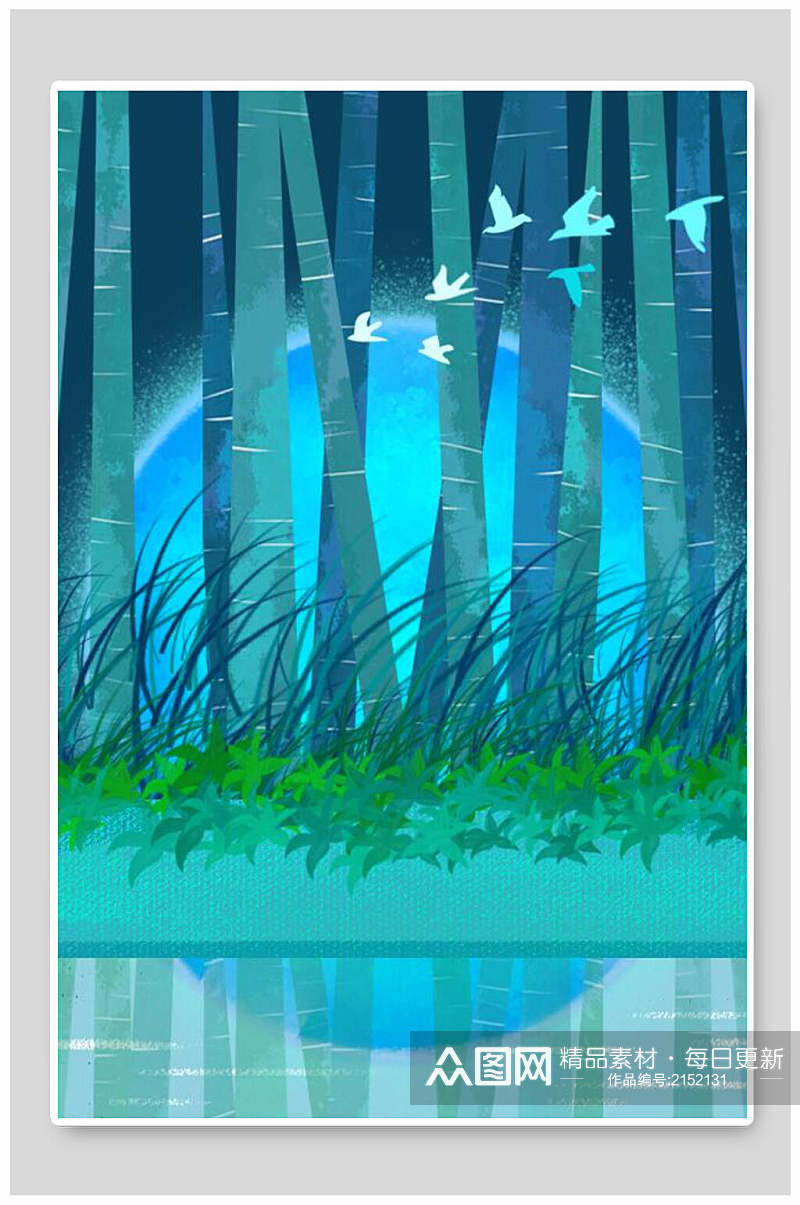 蓝色森林河流唯美梦幻插画素材素材