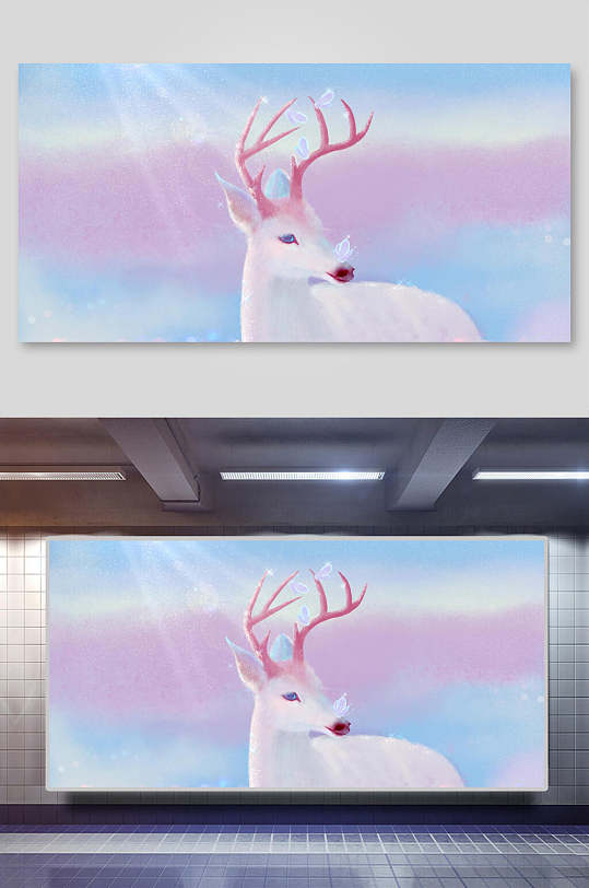 唯美简约渐变色创意手绘风鹿插画