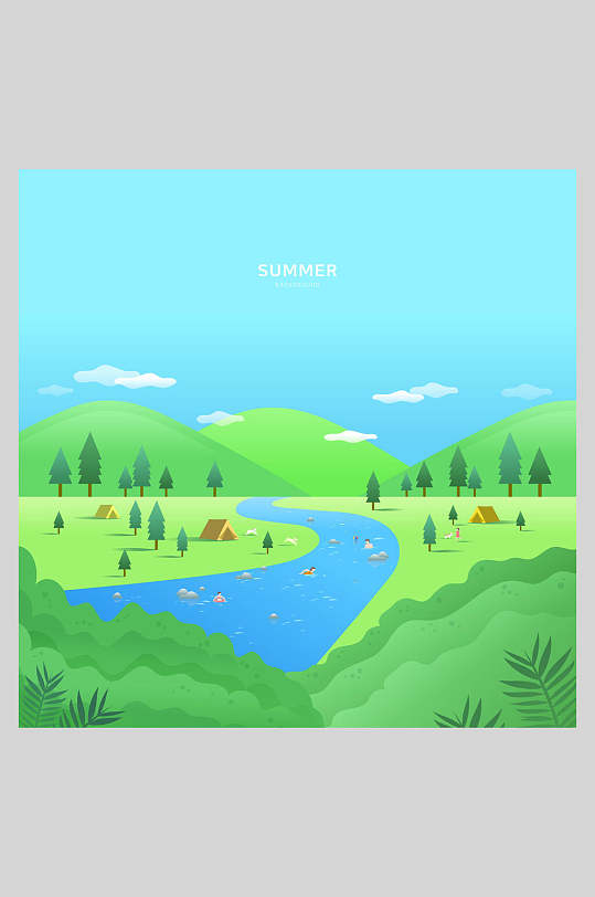 湖水蓝色渐变绿色树木简约风景插画