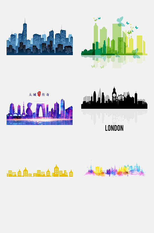 黑色城市剪影地标城市PNG免抠素材模板下载-编号834364-众图网