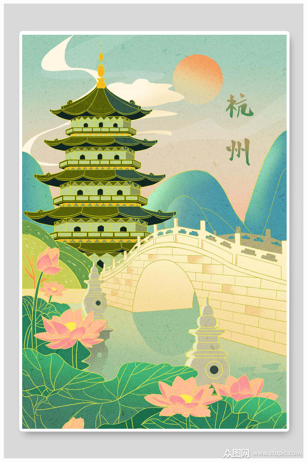 手绘杭州国潮风名胜古迹地标建筑插画素材素材