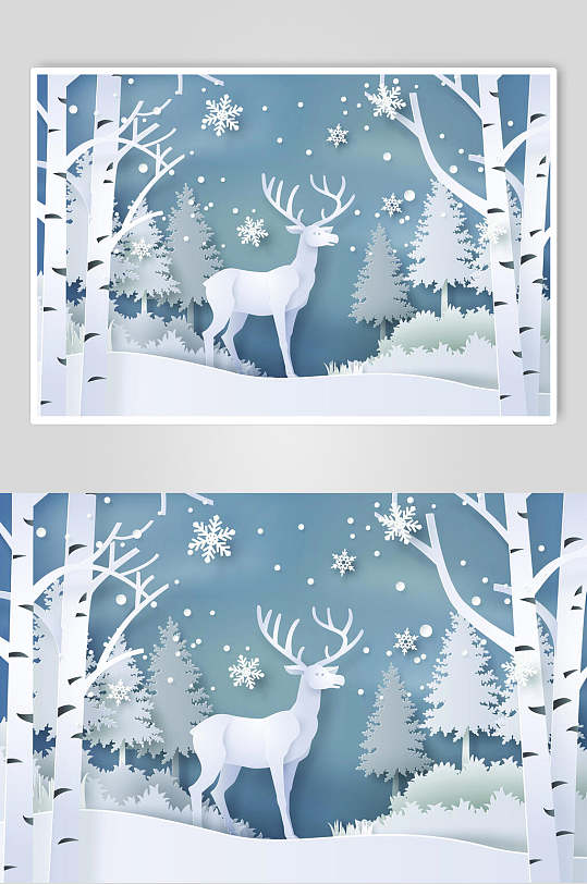 圣诞节剪纸白鹿插画
