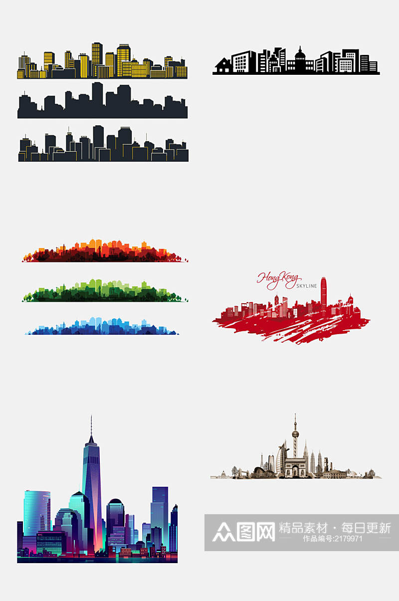香港建筑城市剪影免抠设计元素素材