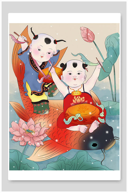 孩童骑鲤鱼创意手绘风新年春节插画