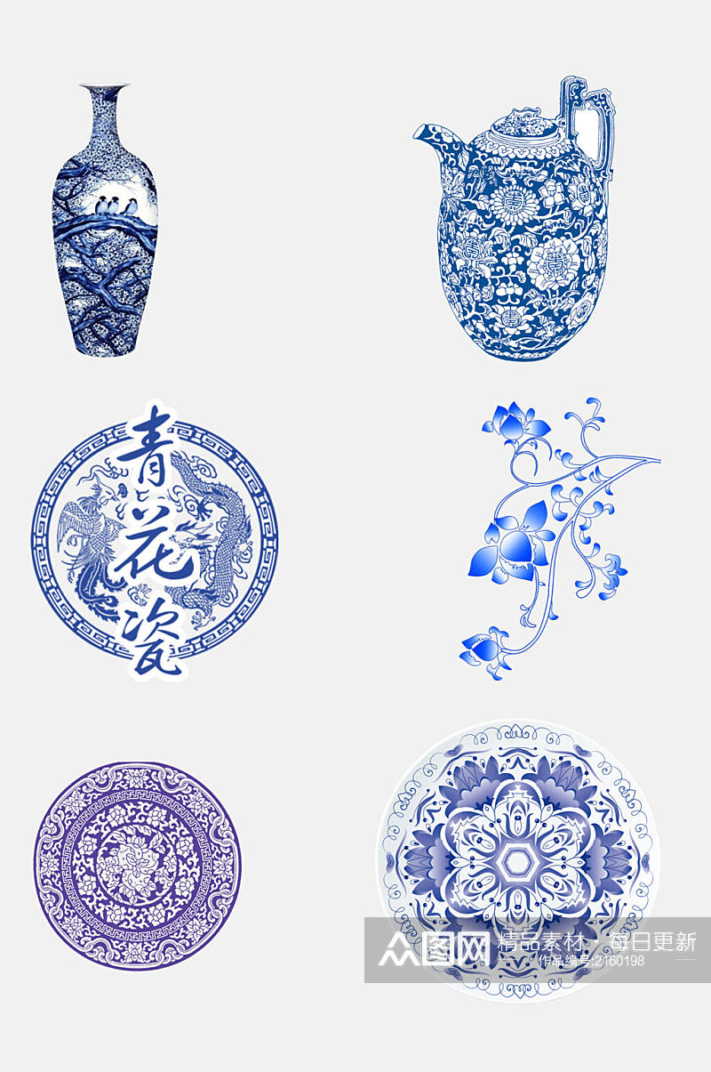 中国风青花瓷花卉盘子瓶子图案素材素材