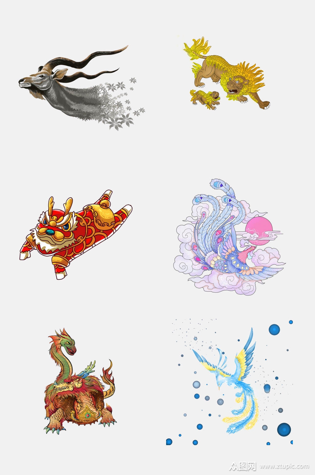 水彩大气中国传统神兽青龙白虎免抠元素
