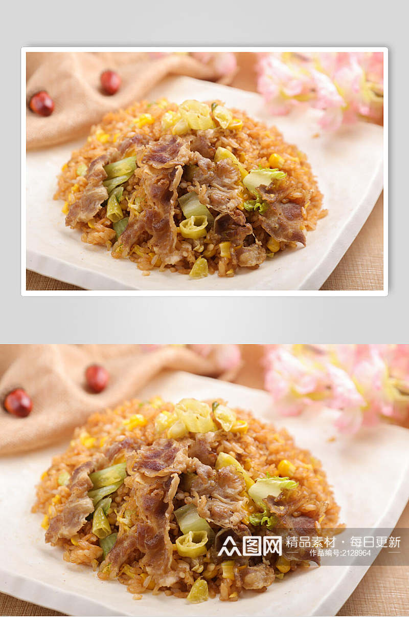 新鲜美味牛肉蛋炒饭摄影图片素材